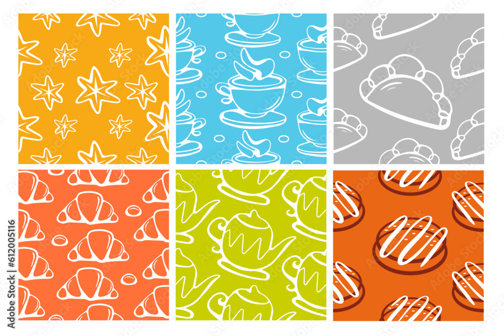 Line style vector patterns on the theme of tea and bakery.