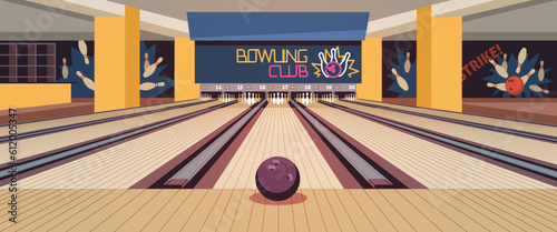 Cartoon bowling center interior. Wooden alleys with skittles, ball for group game competition, empty club, sports and leisure time entertainment, horizontal banner, tidy vector concept