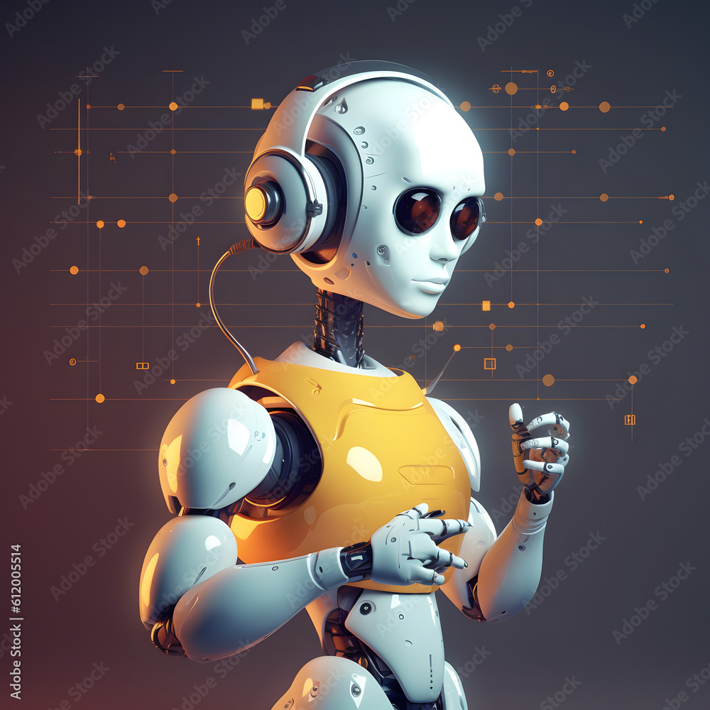 Naklejka premium Robot with data information. Concept of chatbot or ai assistant. AI generated