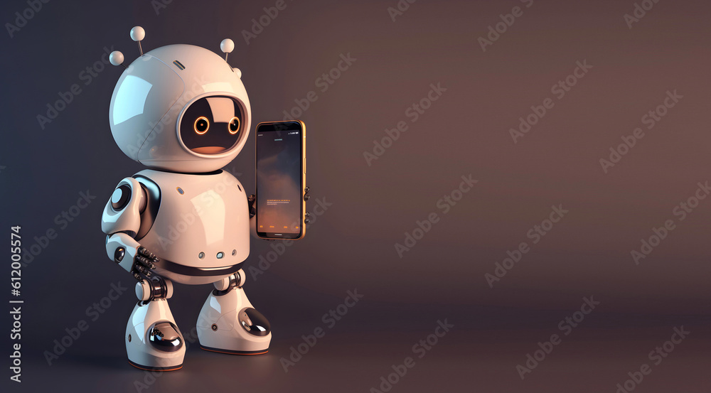 Fototapeta premium Robot holding smartphone. Concept of chatbot or ai assistant. AI generated