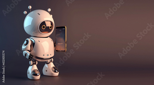 Robot holding smartphone. Concept of chatbot or ai assistant. AI generated © ZayNyi