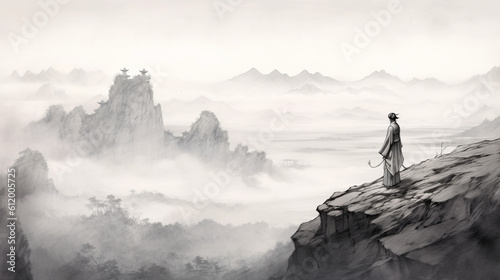 Ink landscape painting in Chinese style and watercolor landscape painting a man mountains and river