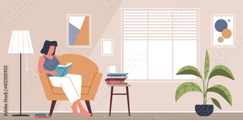 Girl reads book in room. Comfortable chair in cozy interior, exam preparation, woman resting with literature volume cartoon flat isolated illustration. Nowaday vector hobby and education concept