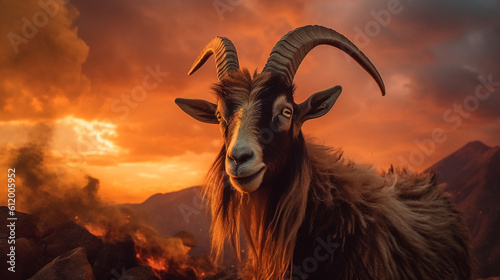 Majestic shot of a goat against a golden sunset backdrop, dramatic light. Eid ul azha design created with generative ai