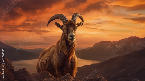 Majestic shot of a goat against a golden sunset backdrop, dramatic light. Eid ul azha design created with generative ai © Grafigator