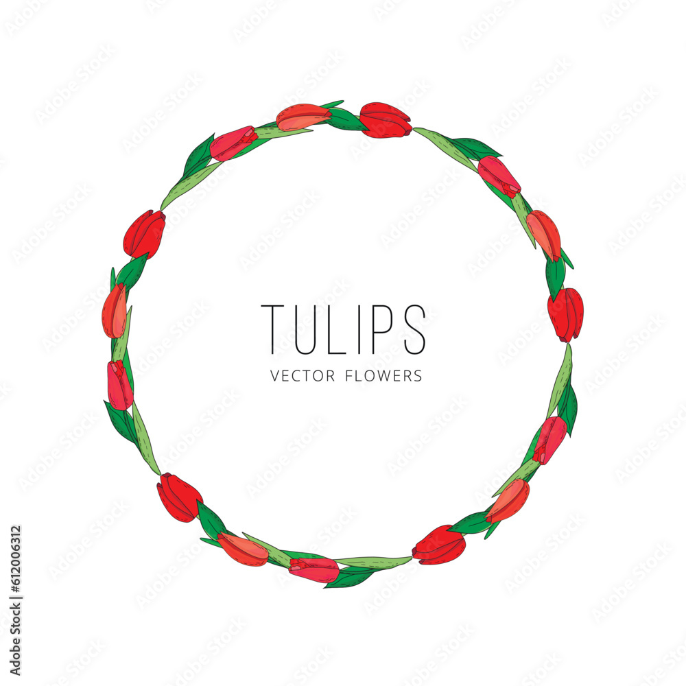 Hand drawn vector floral frame with red flowers tulips, branch and leaves. Elegant logo template.