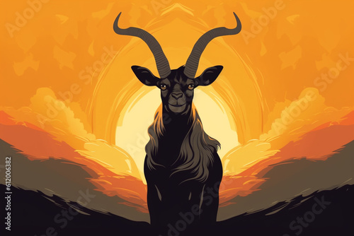Portrait photo of a goat on a sunset background created with generative ai