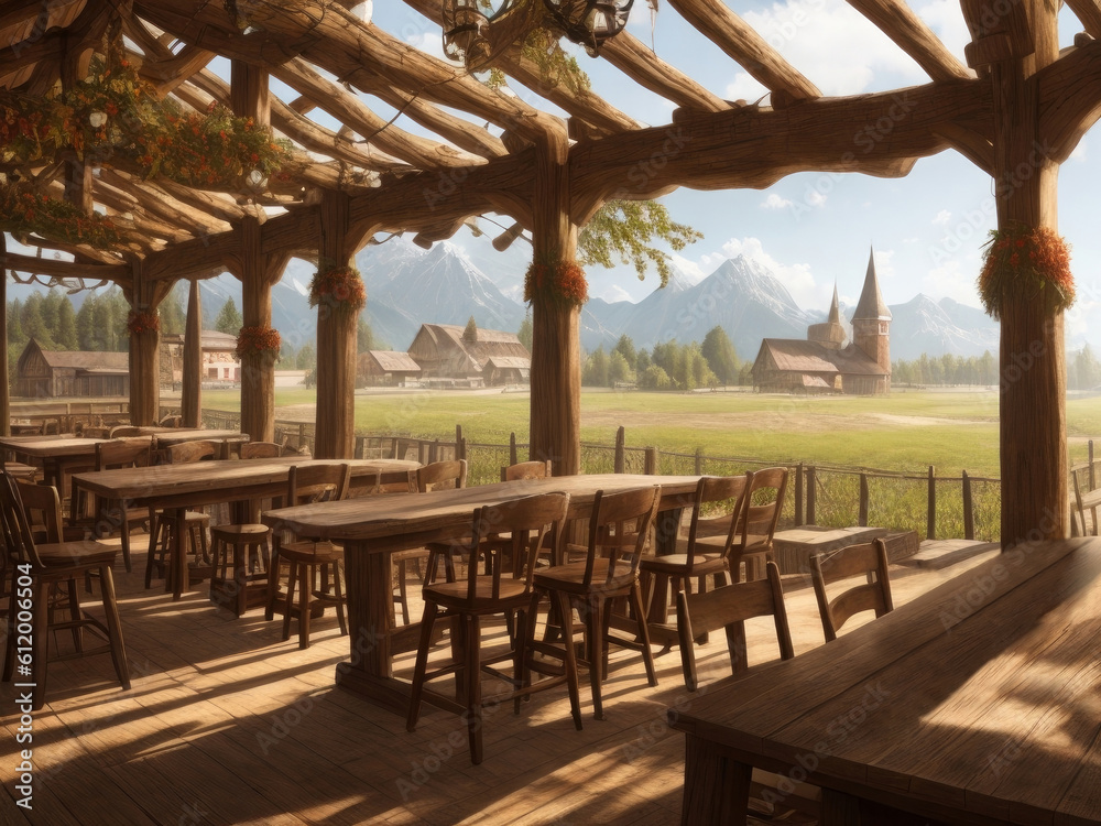 Wooden old pub in medieval
German, Oktoberfest background.  AI generated