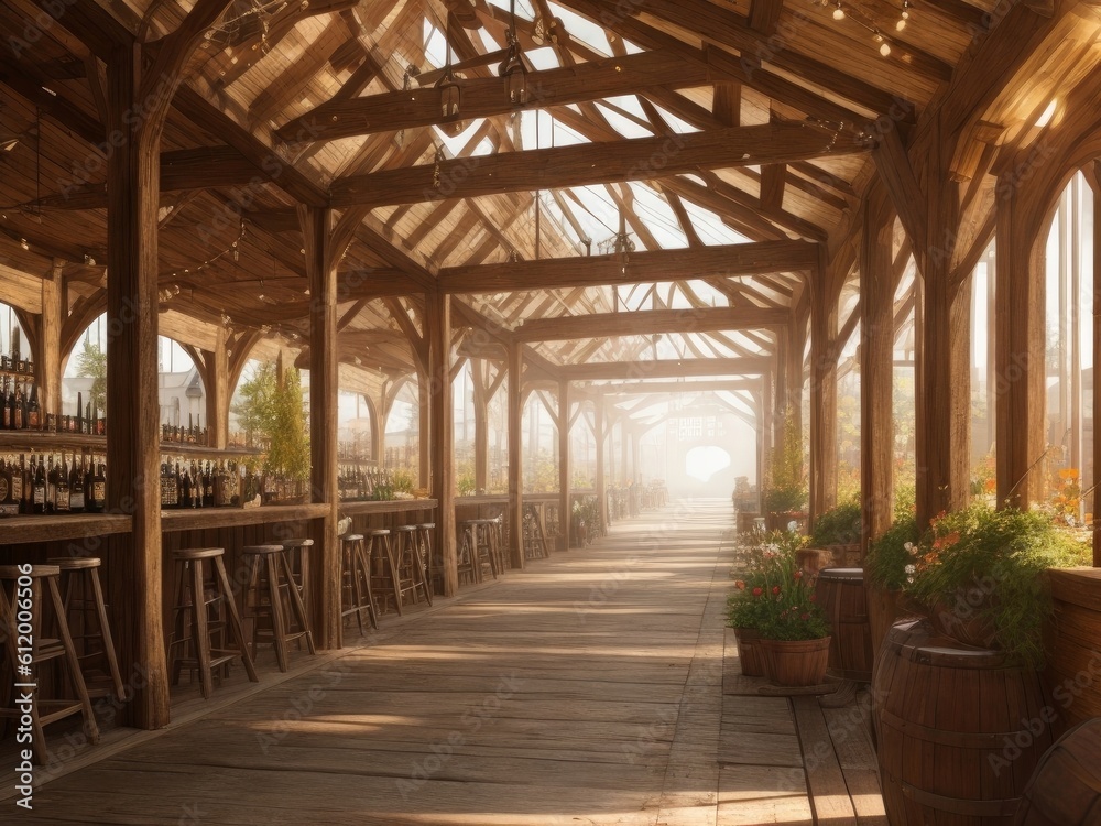 Wooden pubs and stores in medieval
German, Oktoberfest background.  AI generated