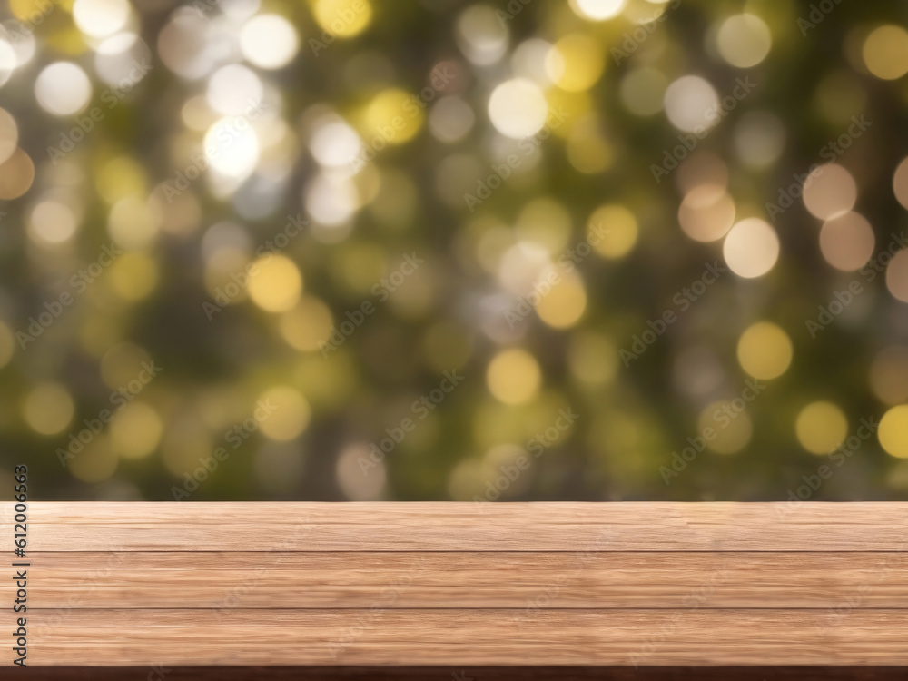 Wooden brown table on blurred background with bokeh. AI generated