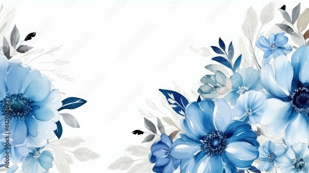 Blue floral art empty text space on white background - generative AI Blue floral art empty text space on white background - generative AI