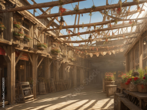 Wooden pubs in medieval German, Oktoberfest background. AI generated