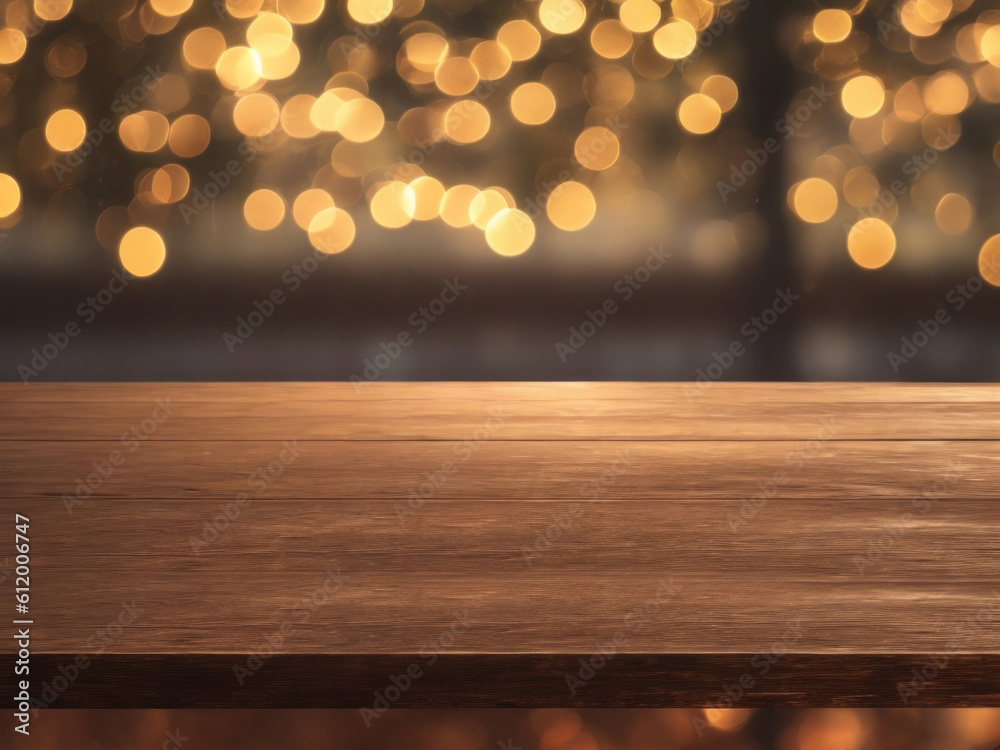 Wooden brown table on blurred background with bokeh. AI generated Wooden brown table on blurred background with bokeh. AI generated