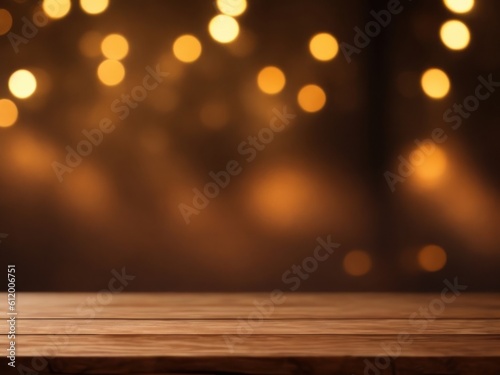 Wooden brown table on blurred background with bokeh. AI generated