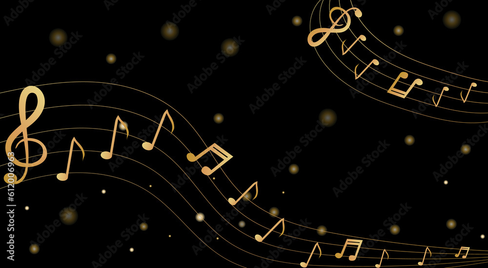 Musical background with clef and notes and 3D effects in gold tone on black background