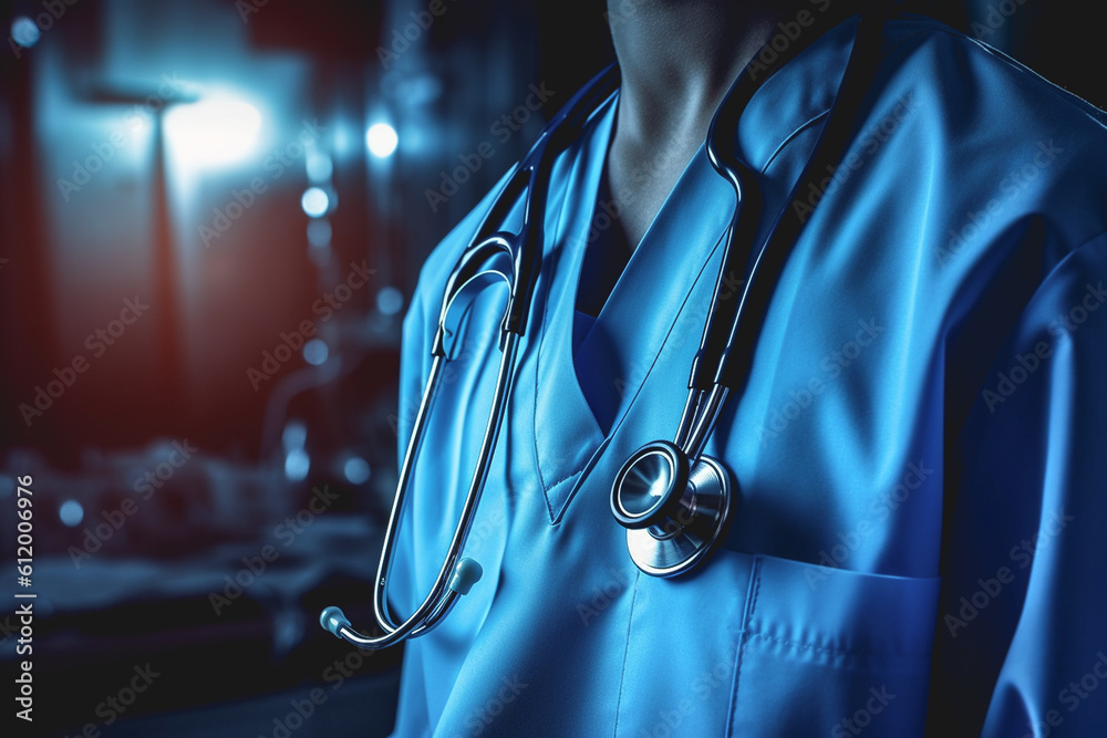 Detail image of a doctor in blue scrubs wearing a stethoscope in hospital environment with dramatic lighting. Generative AI image. Detail image of a doctor in blue scrubs wearing a stethoscope in hospital environment with dramatic lighting. Generative AI image.