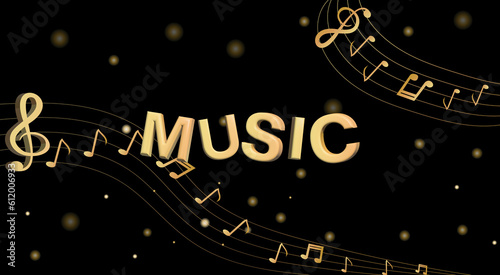 Musical background with clef and notes and 3D effects in gold tone on black background