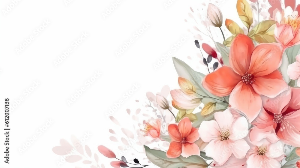 Pink orange flower background with watercolor empty text space on white background - generative AI