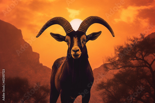 Portrait photo of a goat on a sunset background created with generative ai