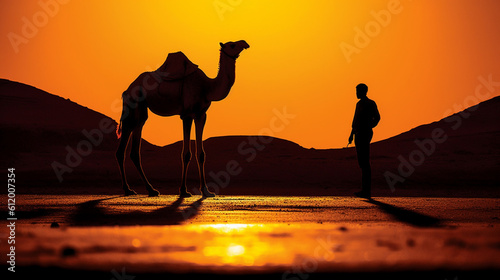 A camel on the desert sunset view created with generative ai