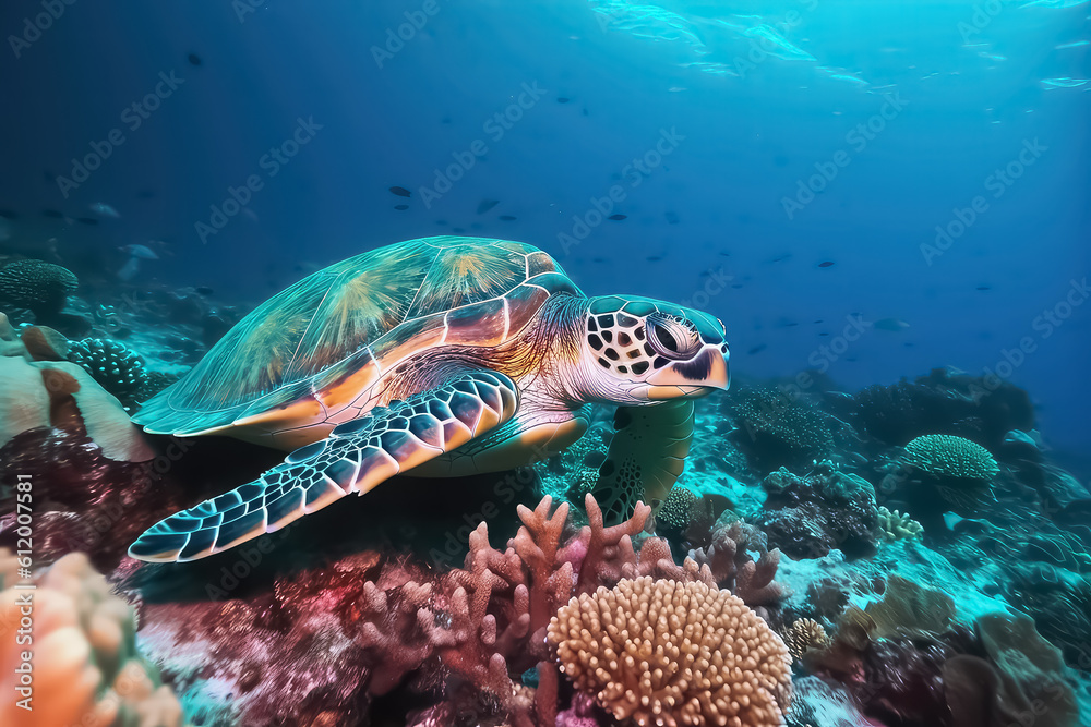 Fototapeta premium Sea turtle swimming on Maldives. Turtle in the blue sea, looking directly into the camera. Details of head, mouth and eyes, AI