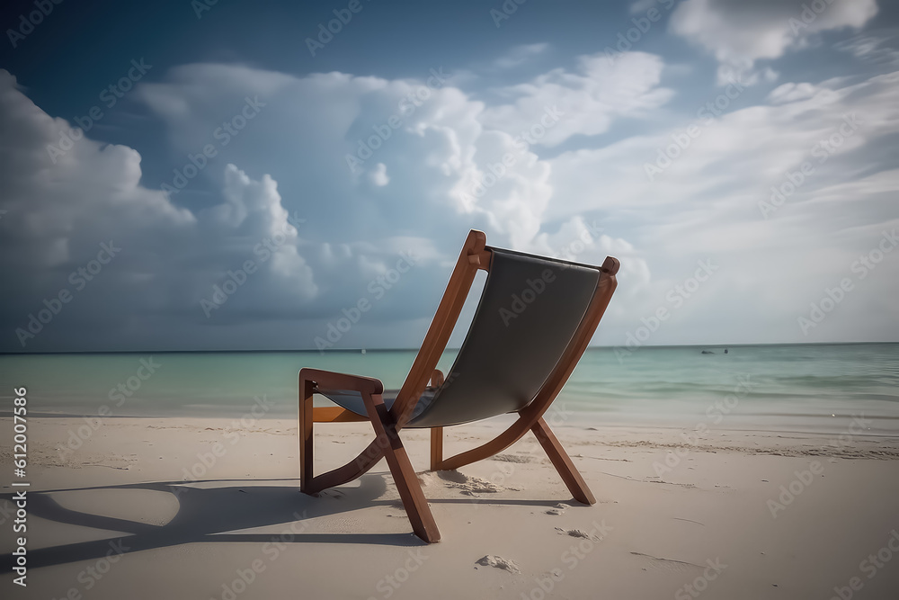 Naklejka premium Chair on the Maldives beach near the sea, summer holiday and vacation concept for tourism, AI