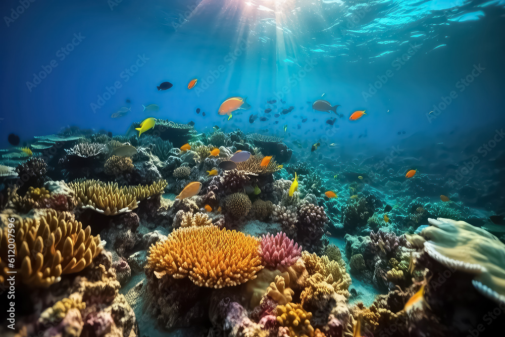 underwater coral reef landscape background in the deep blue Maldives ocean, AI