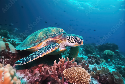 Sea turtle swimming on Maldives. Turtle in the blue sea, looking directly into the camera. Details of head, mouth and eyes, AI