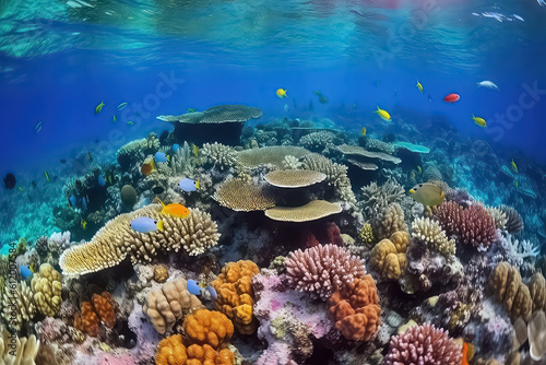 underwater coral reef landscape background in the deep blue Maldives ocean, AI