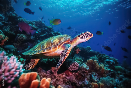 Sea turtle swimming on Maldives. Turtle in the blue sea, looking directly into the camera. Details of head, mouth and eyes, AI © yurakrasil