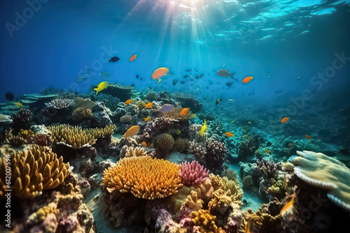 underwater coral reef landscape background in the deep blue Maldives ocean, AI © yurakrasil