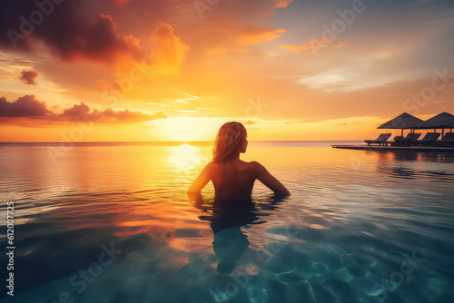 Woman relaxing in infinity swimming pool in Maldives, AI