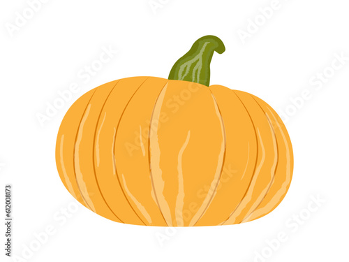 Icon yellow pumpkin with a green ponytail close-up on a transparent and white background. Isolated element for design decoration. Autumn halloween vector illustration in flat cartoon style. 