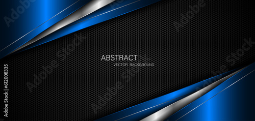 Abstract blue and silver polygons on dark steel mesh background. with free space for design. modern technology innovation concept background	