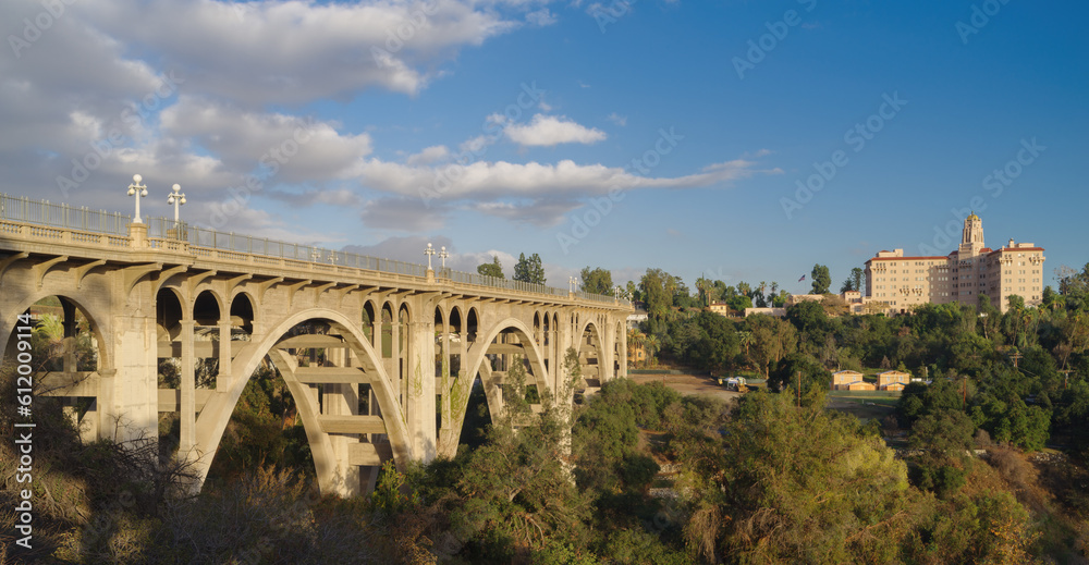 The Colorado Street Bridge and Courthouse, two landmarks shown in the City of Pasadena, California, United States.