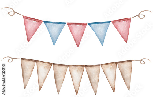 Colorful watercolor bunting and garland illustration set, Party Flags clipart photo