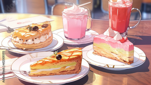 Anime Style Sweet Waffle Pancake, Slice of Cake, Ice Cream Cake, and Desserts in a Cafe. With Licensed Generative AI Technology Assistance.