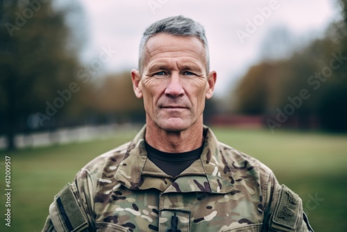 portrait of mature soldier in military uniform looking at camera in park photo