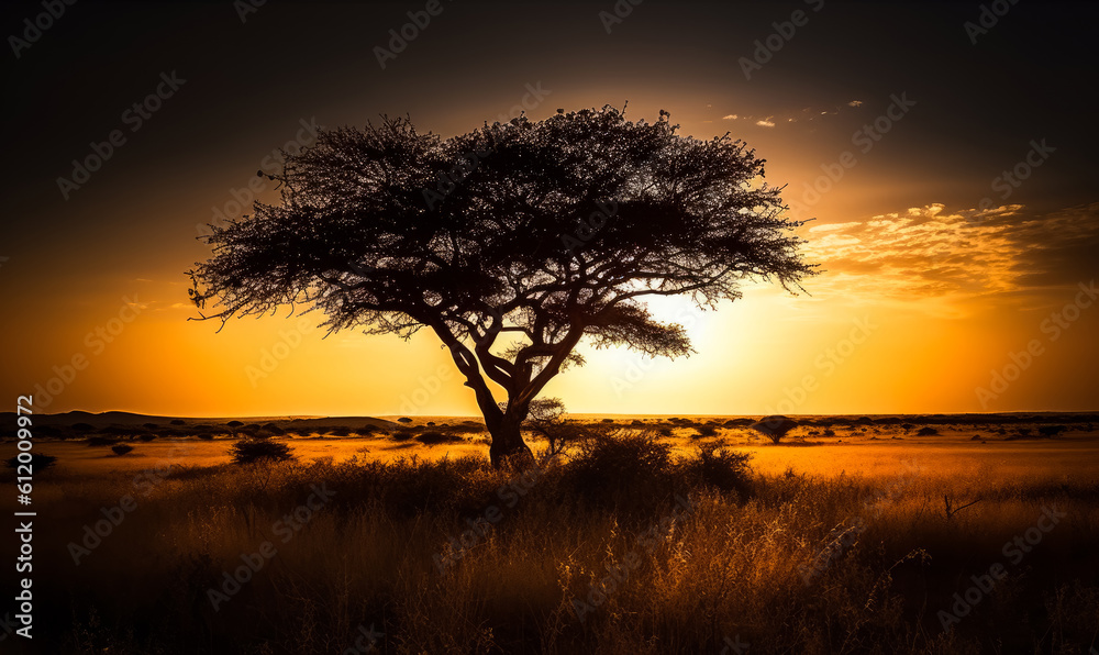 Savannah shadow of tree. African landscapes sunset. Generative AI.