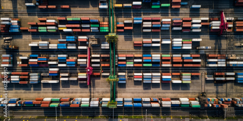 Big port containers aerial view. Container ships business logistics. Generative AI.