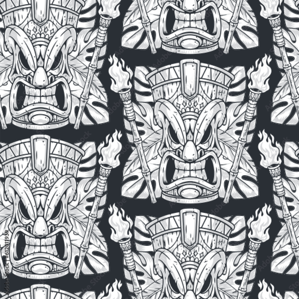 Tiki masks monochrome seamless pattern