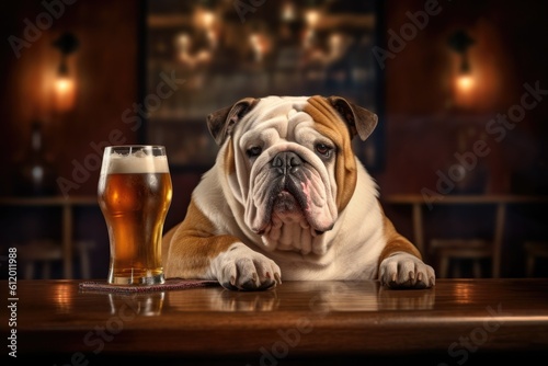 BullDog Drinking a Glass of Beer in a Bar. Generative AI © JJAVA
