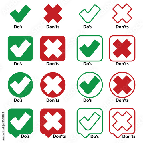 Do's and Don'ts with Tick and Cross, flat vector, isolated illustration, Do and dont icon design, icon of wrong and right, do and don symbol, Sign of good or bad, yes or no.
