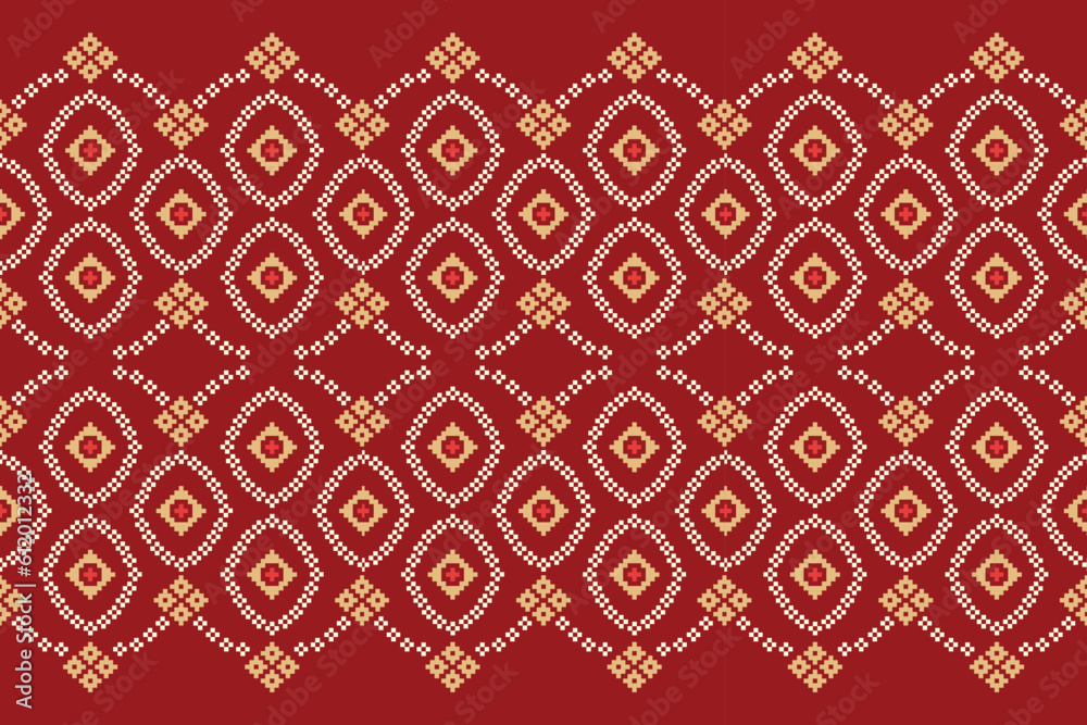 Ethnic geometric fabric pattern Cross Stitch.Ikat embroidery Ethnic oriental Pixel pattern red background. Abstract,vector,illustration. Texture,clothing,frame,decoration,motifs,silk wallpaper. Ethnic geometric fabric pattern Cross Stitch.Ikat embroidery Ethnic oriental Pixel pattern red background. Abstract,vector,illustration. Texture,clothing,frame,decoration,motifs,silk wallpaper.
