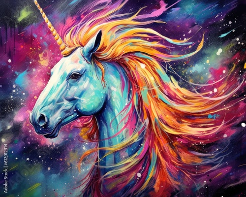 art unicorn in space . dreamlike background with unicorn . Hand Drawn Style illustration 