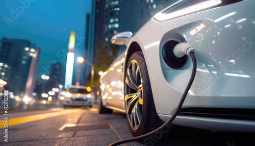 Fotografering White electric car drive on night road in urban city with EV home charger station building skyscraper cityscape view background