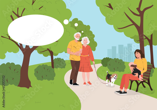 An elderly couple saw a woman breastfeeding a child in the park. Breastfeeding in public concept.  Vector illustration