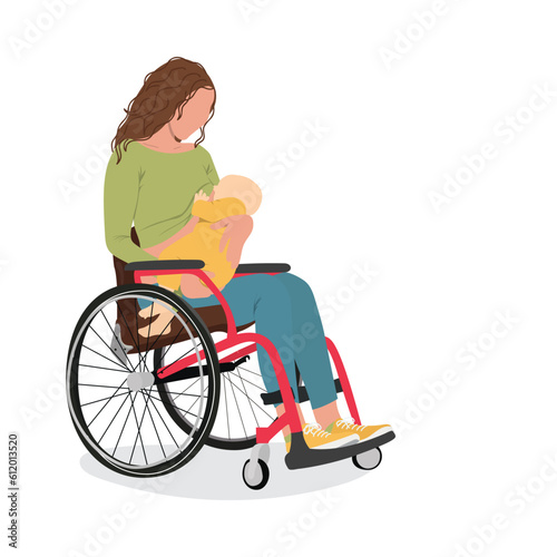 Young woman in wheelchair breastfeeding baby. Inclusivity and breast feeding concept. Vector illustration