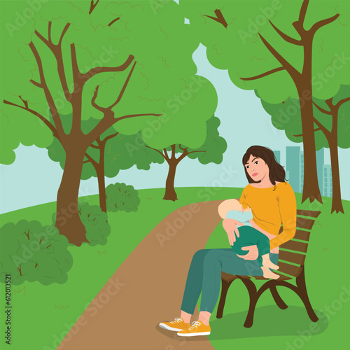 Woman feeds baby in the park. Breastfeeding in public concept. Vector illustration