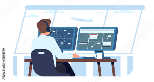 Air traffic controller and supervisor in airport tower controls flight of planes. Airline staff. Man sitting at computer. Employee coordinating airplane direction fly. Vector concept